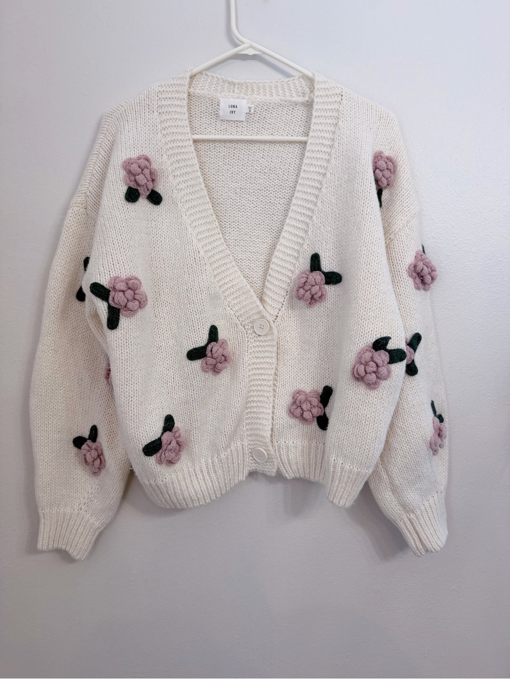 Cream Knit Floral-Embroidered Cardigan with Pink Accents